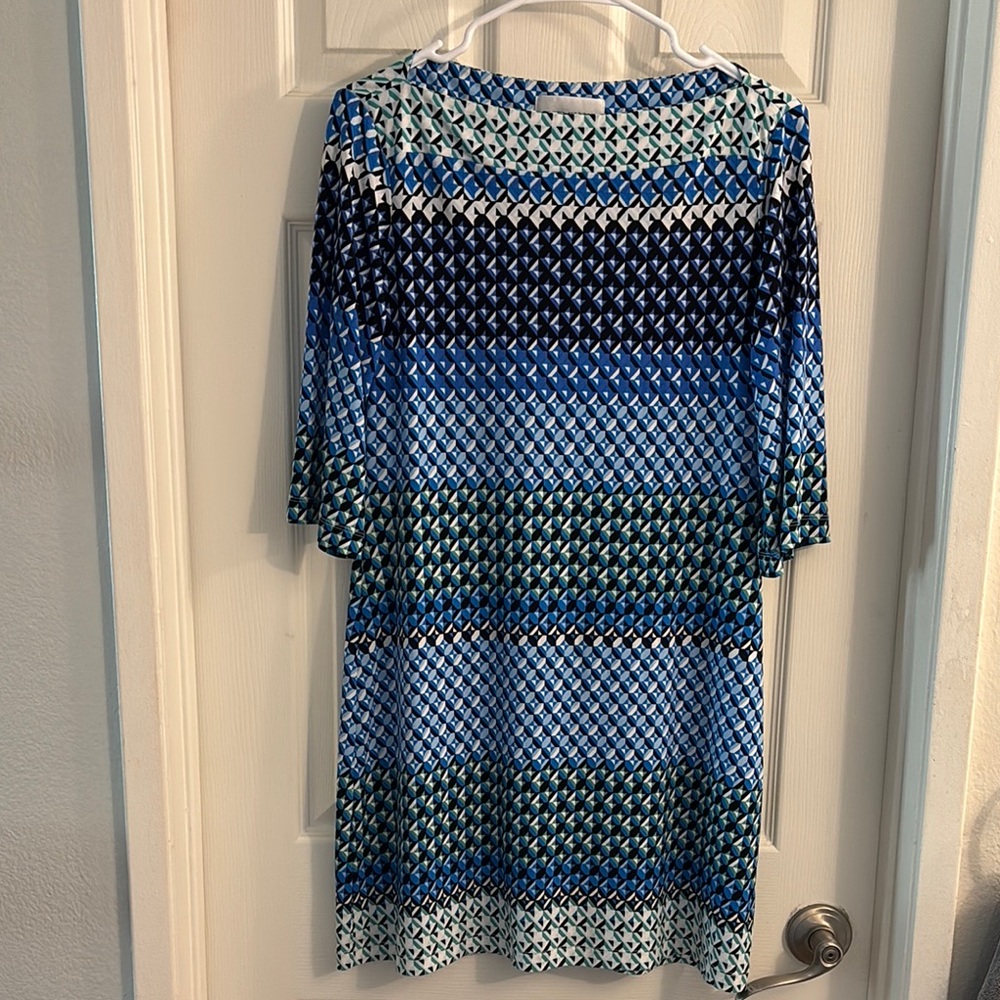 Donna Morgan Blue and Green Geometric Print Midi Dress